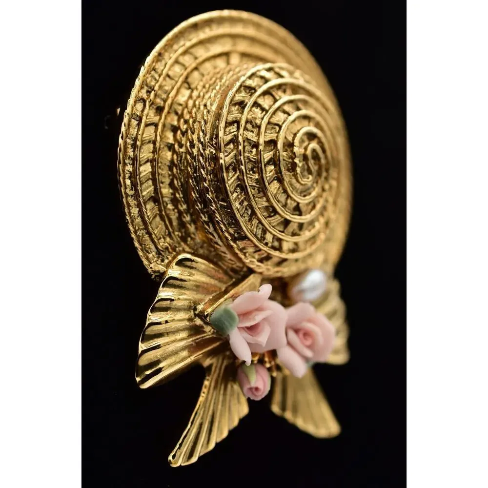 1928 Vintage Sun Hat Brooch Pin Pearl Pink Rose Bow Gold Chunky 1980s BinBK